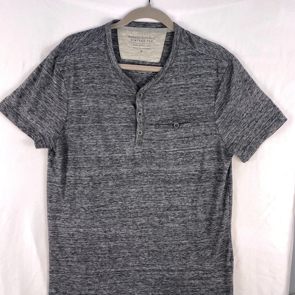 Banana Republic Vintage Tee Mens Medium Gray Linen Blend Henley Pocket Shirt
